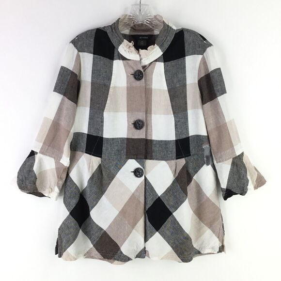 Ali Miles Tops - Ali Miles Linen Blend Button Up Tunic sz M Nova Check Plaid Ruffle Babydoll NEW